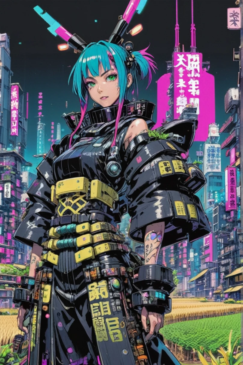 kyotopunk, cyberpunk, anime style, fantasy, Agricultural Land