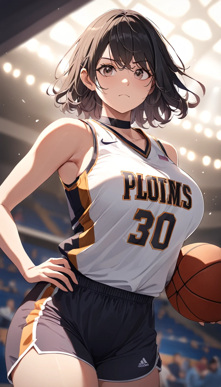 A close-up of a person wearing a basketball uniform, a picture, inspired by Kentaro Miura, trend on pixiv, Kugisaki Nobara, Jujutsu Kaisen, wearing the yellow NBA jersey, yellow nba crop top t-shirt, wearing a low cut crop top, Using croptop, croptop, The word "Lakers" On top, Lightning Dorado, (flicker), Shirobako, big)}], favorite scene, fine details. cheered up. Skins, perspiration, pechos bigs, Dripping sweat, more sweat, croptop/underboob (Realistic and Anime)