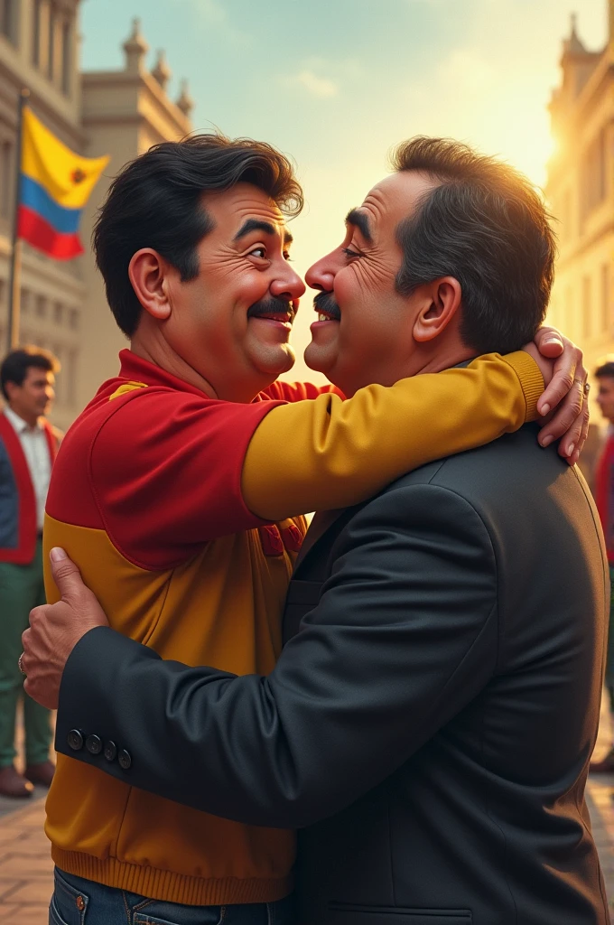 A light brown Pixar man with a moustache and short black hair wearing a jacket with the Venezuelan flag kissing a fat, bald white man wearing a green military jacket.