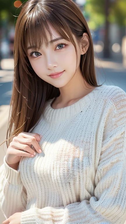 masterpiece, highest quality, One girl, (Beautiful girl, cute:1.3), (20-year-old:1.3), very fine resolution, (symmetrical eyes:1.3), (sweater, scarf:1.2), big breasts, big breasts, big chest, Double D size, show cleavage, brown eyes, parted bangs, brown hair, girl