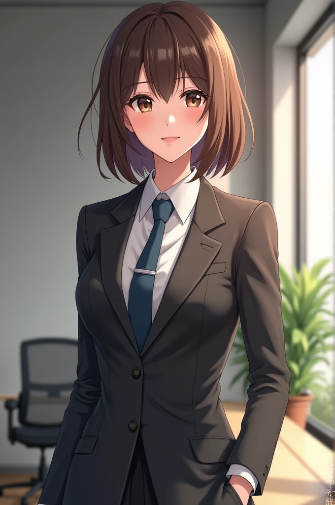 (Highest quality, 8K, 32k, masterpiece, Ultra-high resolution: 1.2), 1 Girl, Beautiful Japanese Woman, thinウエスト, Gray suit, Open jacket, office Lady, suit, Tight Skirt, office, office, machine, Beautiful Face, Brown Hair, Bob Hair, Saggy eyes, Muscular,Slender figure,Cleavage, thin, whole body, Detailed expression down to the fingertips, One Woman, alone, Cool look