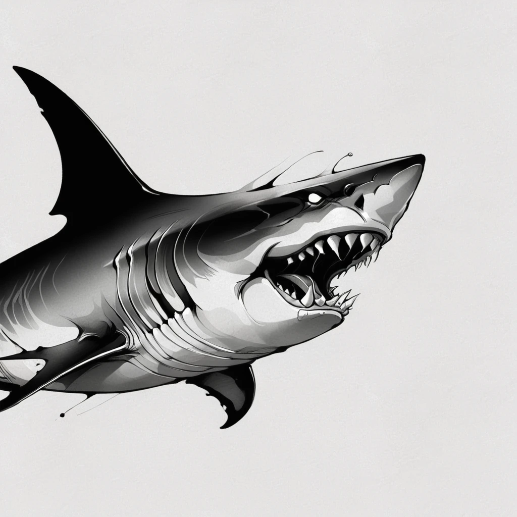 illustration of a shark from the side with its mouth open, few detail, black andwhite, 