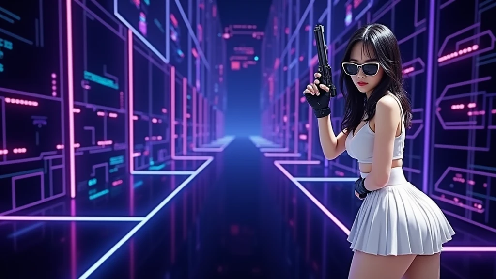 A futuristic sci-fi virtual battle field of war game, shooting range with moving targets, flying vehicle, neon waterfalls. High-resolution OLED GUI interfaces in the building, The windows are filled with transparent data visualization infographics that show it all, from weather patterns to traffic flow, Matrix cascading code. Colors are saturated and vibrant. At night, (1girl, solo), photo realistic, medium-breast:1.3 slim body, cleavage, sling top, miniskirt, (mini VR sunglasses, holding a short gun), half-body thigh level medium shot, cinematic lighting, ray tracing.