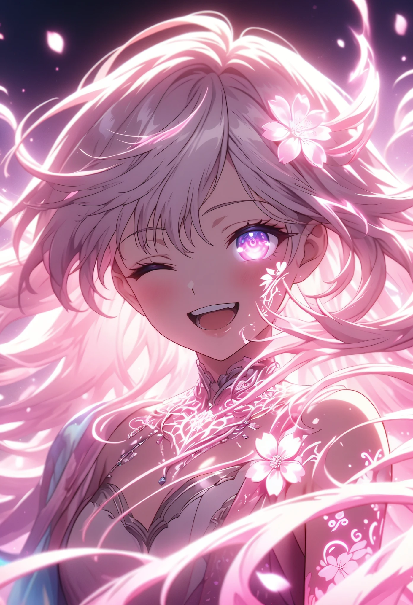 Masterpiece, highest quality, highly detailed CG Unity 8k wallpaper, anime screenshots, female character with neon chains. Art of a female anime character with a glowing neon flower tattoo and spiral chains inside her body. This scene with flowing hair has a nice soft focus effect, highlighting the magical glow of the tattoo. I'm smiling with my eyes closed and my mouth open. The background is neon-lit cherry blossoms at night. depth of field