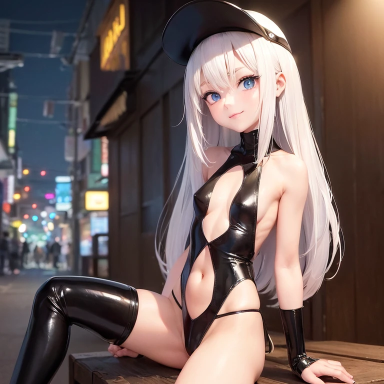 (masterpiece), best quality, highly detailed faces, (SHARP details), 4k, highly detailed, expressive eyes, SHARP detail expressive eyes, (SHARP detail perfect face), ((dark skin)), (cat ears), (cat tail), ((platinum blonde hair)), amber eyes, long and wild hair, tomboy, ((young girl)), ((flat chest)), (((9 year old girl))), smiling, outdoors, nighttime, street, billboards, (red light district), neon lights, full body shot, (condom wrapper), (nude), young girl, (close-up), presenting pussy, standing,