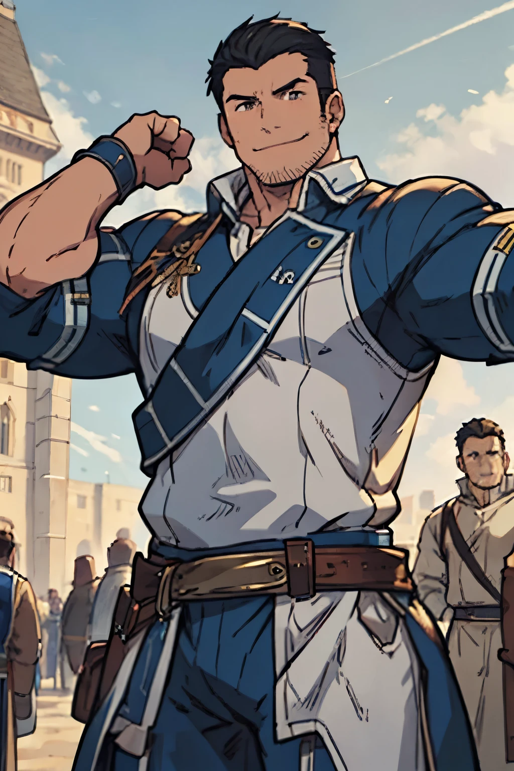 Masterpiece, Best Quality, Ultra-Detailed, 1man, adult, strong, athletic, stud, jock, muscular, hunk, bara, solo, smiling, focused expression, medieval clothes, military clothes, blue details on clothes, cowboy shot, daylight, medieval kingdom background