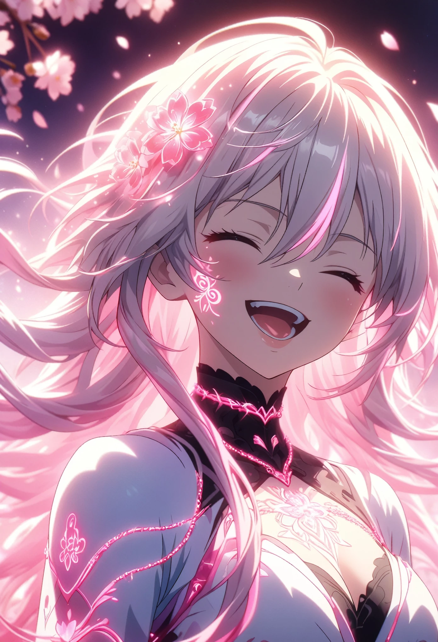 Masterpiece, highest quality, highly detailed CG Unity 8k wallpaper, anime screenshots, female character with neon chains. Art of a female anime character with a glowing neon flower tattoo and spiral chains inside her body. This scene with flowing hair has a nice soft focus effect, highlighting the magical glow of the tattoo. I'm smiling with my eyes closed and my mouth open. The background is neon-lit cherry blossoms at night. depth of field