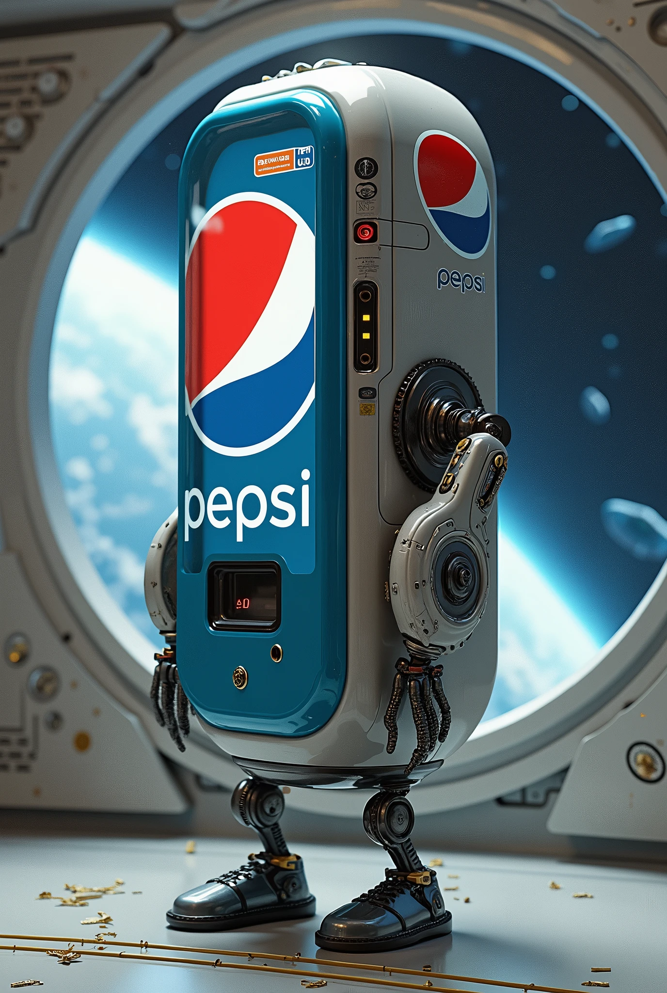 A vending machine has two arms and two legs , robot ,Antique ,Pepsi，Space Station