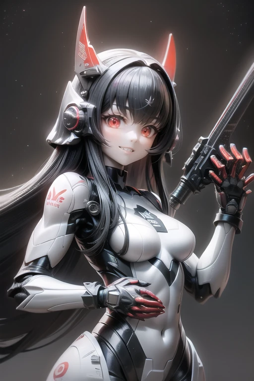 One Woman, alone, High resolution, vision, Accurate, Highest quality, 超High resolution, ((Android、White headband)、future、(Black clothes、kinny、Bodysuits)、(Big eyes、(Glowing Eyes、Yandere目、Red eyes)Bad face、((smile))、Yandere、Space Station、Mecha、Machine body、(Holding a weapon in your hands、rifle、)teeth, Adult women、Metal life forms、Inorganic、(bangs, Black Hair, Long Hair, Bangs, Hime cut, Metal、Helmet)