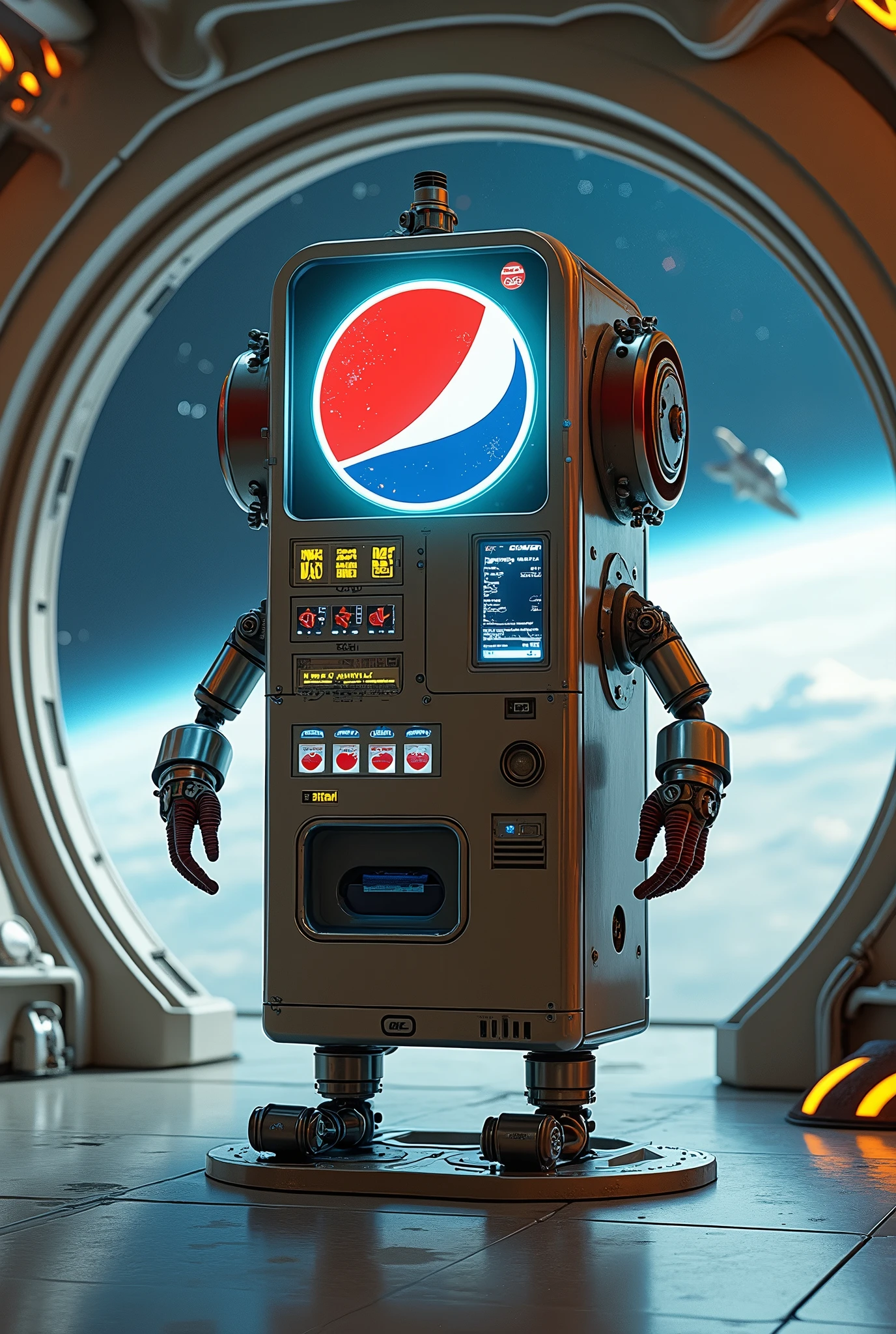 A vending machine has two arms and two legs , robot ,Antique ,Pepsi，Space Station