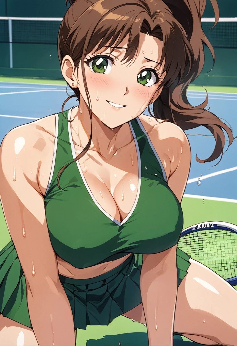 masterpiece, Highest quality, High resolution, (Makoto Kino),1990s \(style\),height: 175cm, Brown long hair,ponytail、 sexyな長い脚, Green tennis uniform, Tennis court,(E-cup beautiful breasts)、Sweating all over the body、vapor、Muscular、sexy、Face writhing in pleasure、Sweaty、Configuration from the front、smile、look up,Semen splattered on face、Anime-style painting style,A composition that focuses on the whole body