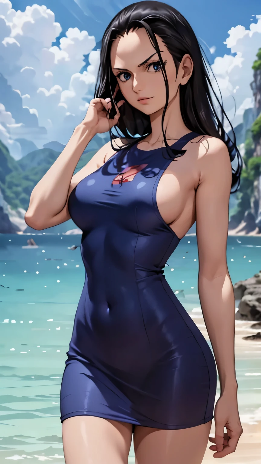 girl, Nico Robin, one piece, Navy blue short dress without print, big , big ass, debtrom behind, debt/16, 85mm, masterpiece, Anatomically correct, Super Detail, Attention to detail, high quality, 最high quality, High resolution, 4K