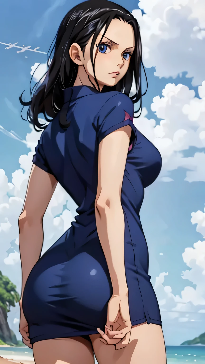 girl, Nico Robin, one piece, Navy blue short dress without print, big , big ass, debtrom behind, debt/16, 85mm, masterpiece, Anatomically correct, Super Detail, Attention to detail, high quality, 最high quality, High resolution, 4K