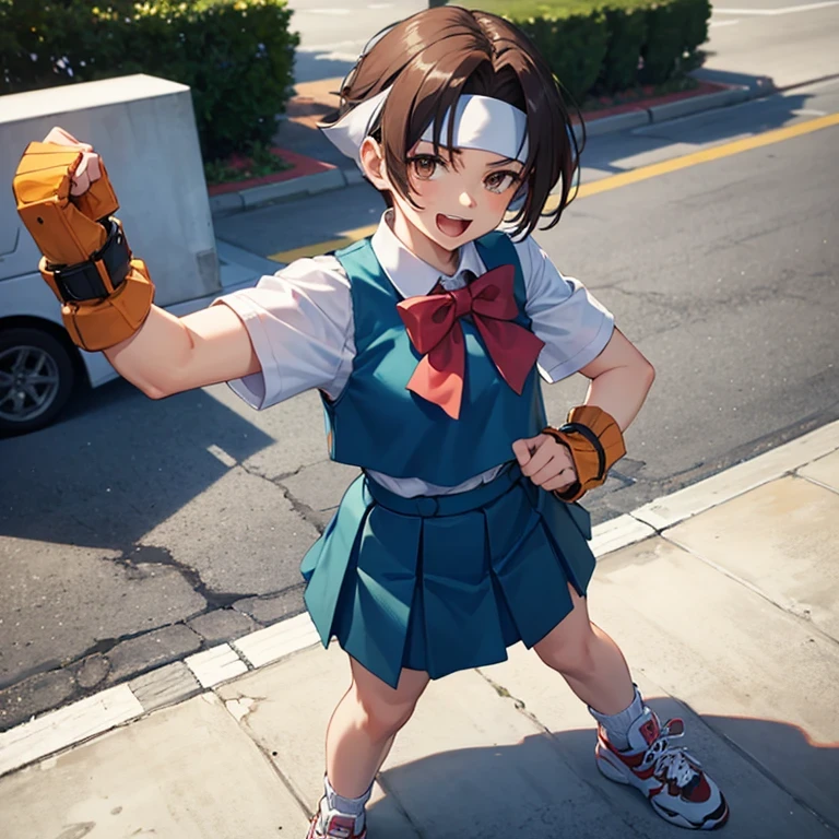 masterpiece, best quality, wakabahinata, headband, white shirt, bow, blue vest, pleated skirt, fingerless gloves, socks, sneakers, looking at viewer, standing, fighting stance, fists, furrowed brow, :D, from above, city street