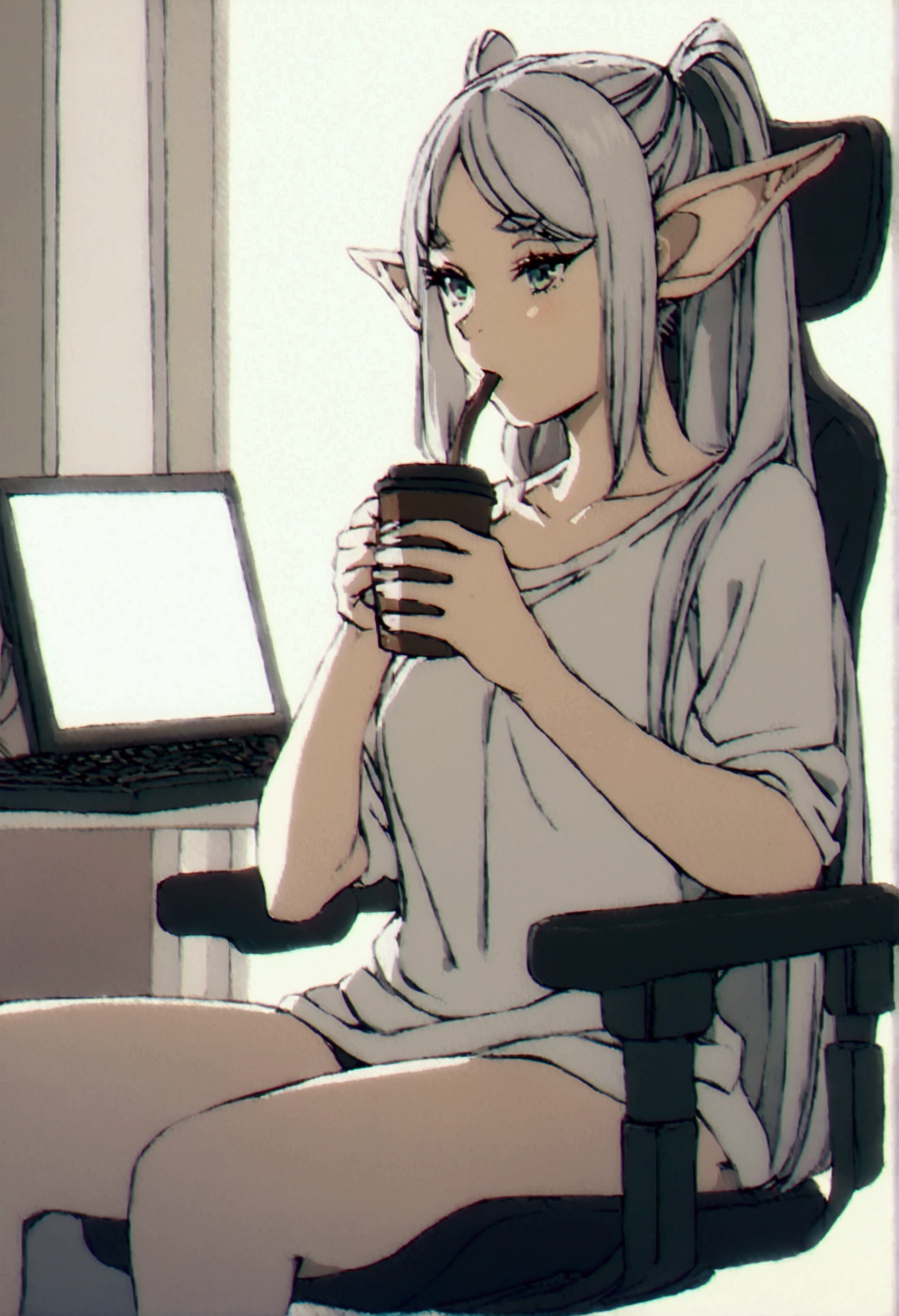 In a sexy white shirt , sitting in the games chair, playing on pc, elf ears,  drinking coffee 