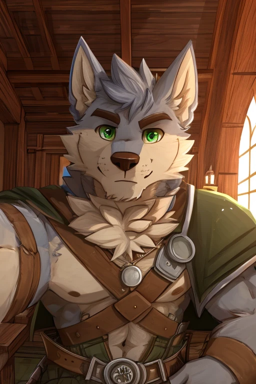 lobo, detailed face, detailed body, 5 fingers, Detailed hands, pair of nipples, defined pectorals, green eyes, detailed eyes, ((gray fur)), ((medieval clothing)), short hair, 2 arms, por pache riggs