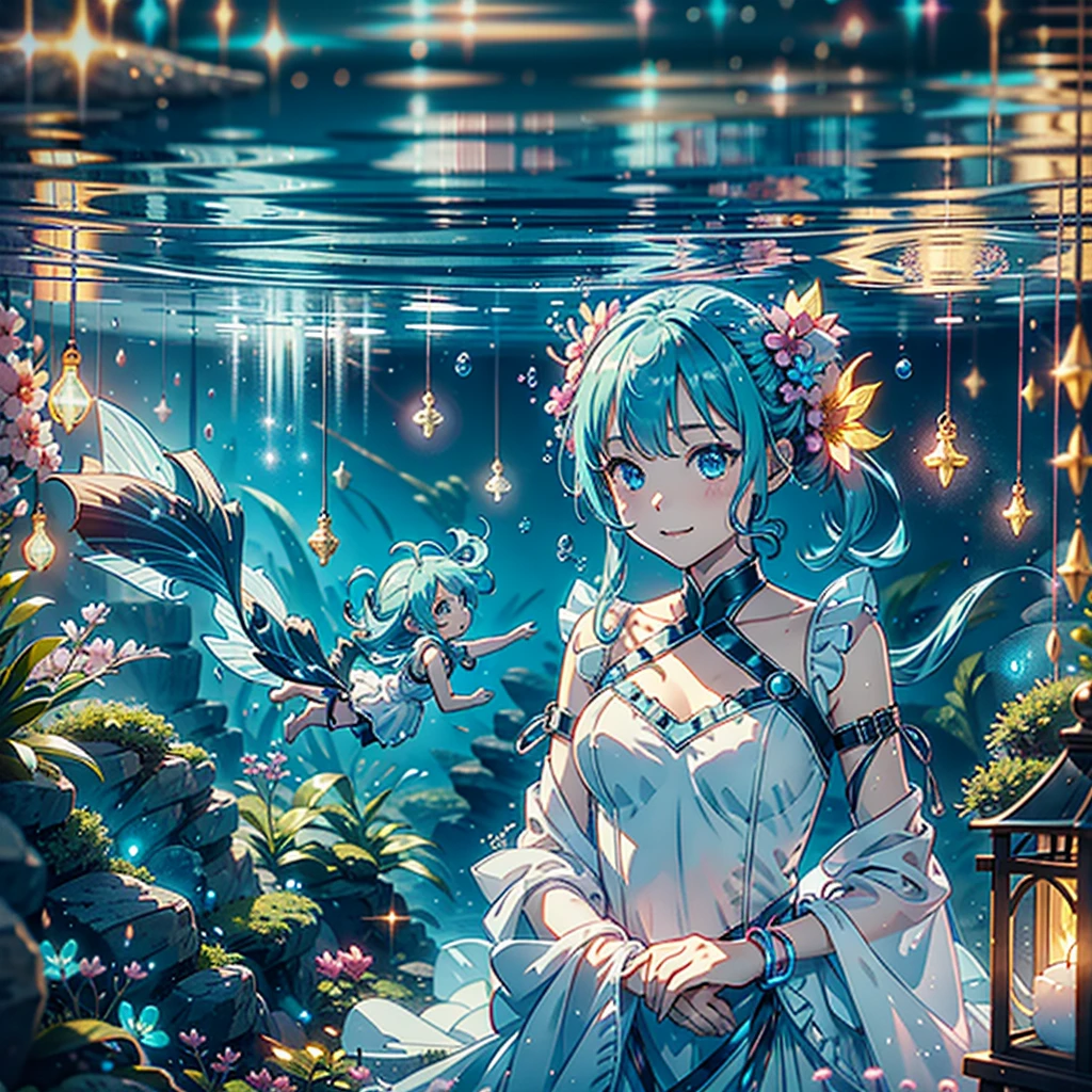 1girl、Little、cute、Absurd、Unreal、Fantasy、(((Highest quality、Masterpiece、Official Art、Super detailed、The best composition)))、Anime Style、an underwater city、Swimming towards the entrance to another world、mysterious、Face close-up、Exciting、smile、fun、Water Fairy、Chr457m45m3rg3D0nMN3M1C neon