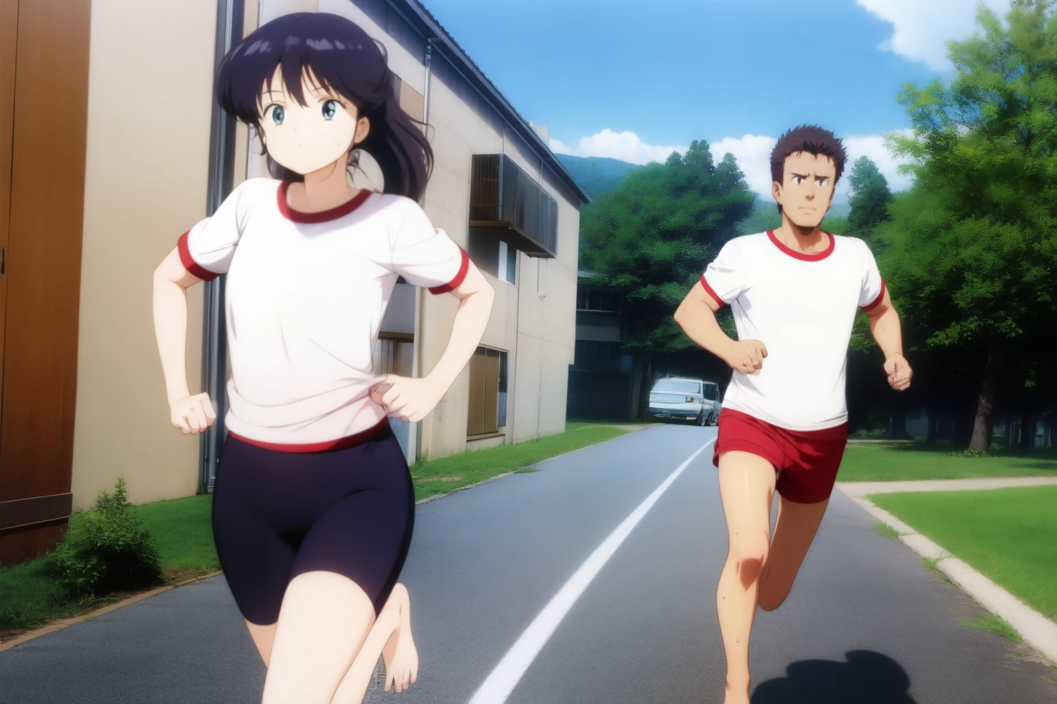 A girl and her father stand next to each other、The two of us run through the schoolyard,surely、Running a girl and her father side by side,A young girl with a tired expression、Let me dash around the schoolyard,駆け足するbarefootの女の子,gym shirts,Highest quality,white shirt and red bloomers,barefoot,Sweating、Running with a tired look,