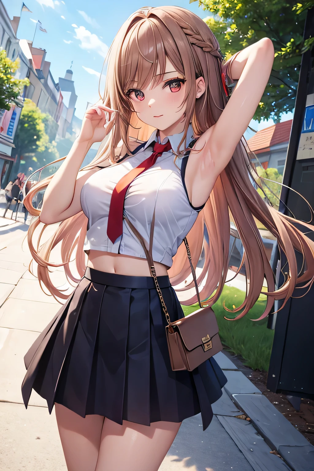 Anime girl with long hair and a school uniform posing on a sidewalk ...