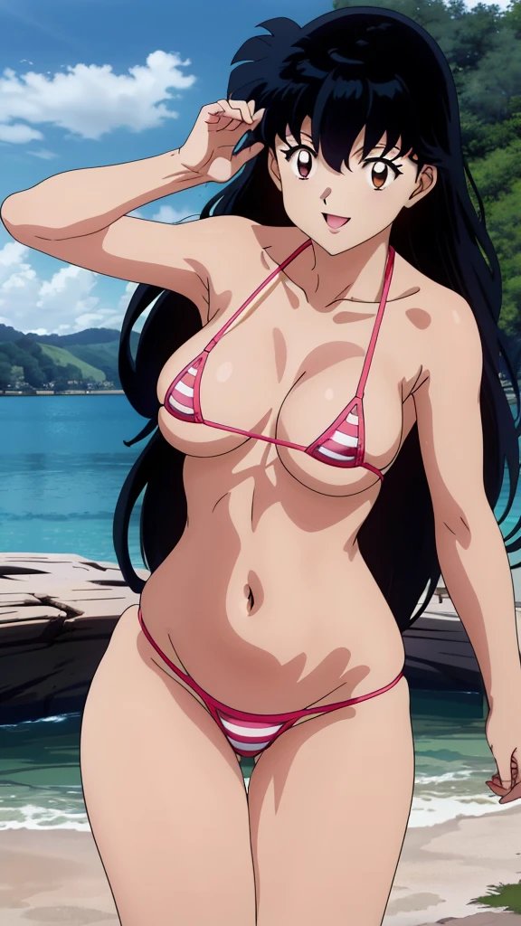 (masterpiece, 4K, Highest quality, anime style: 1.9, Detailed face, cute, Ocean,bold, High resolution, anime, Lake 4. alone, Curvaceous, Very slim belly, Cowboy Shot, 1 girl,,(Micro bikini with pink stripes),,smile,Please open your mouth wide,View your viewers,Big Breasts,Naked in a swimsuit,Kagome Higurashi.Black Hair,Brown eyes,Accurate limbs,(Sexy pose),looking at the camera