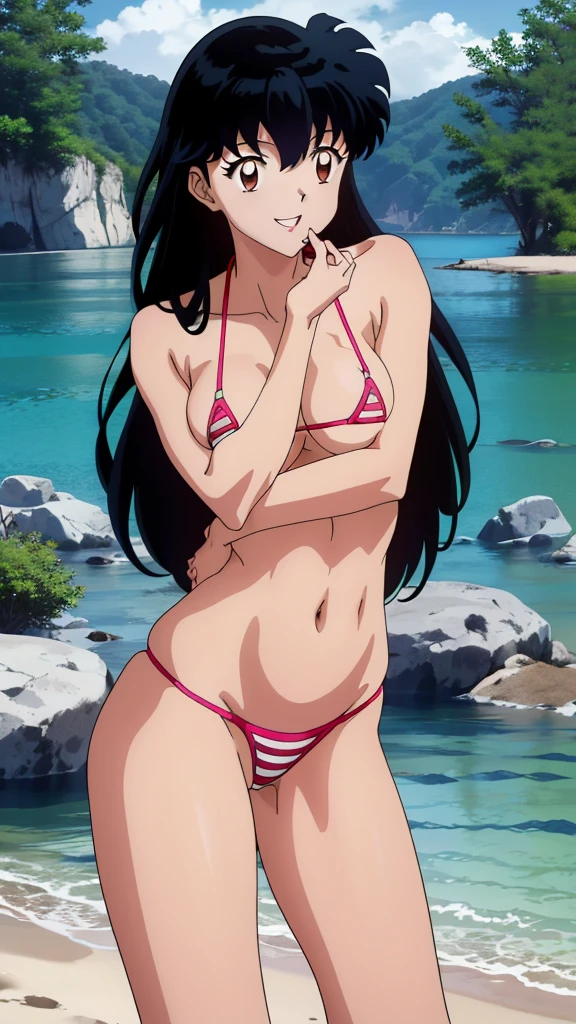 (masterpiece, 4K, Highest quality, anime style: 1.9, Detailed face, Lovely, Ocean,bold, High resolution, anime, Lake 4. alone, Curvaceous, Very slim belly, Cowboy Shot, (Completely naked,Beautiful nipples,pubic hair),1 Girl,Inuyasha_Bellflower, Side Lock, dull_hair, Expressionless,blush