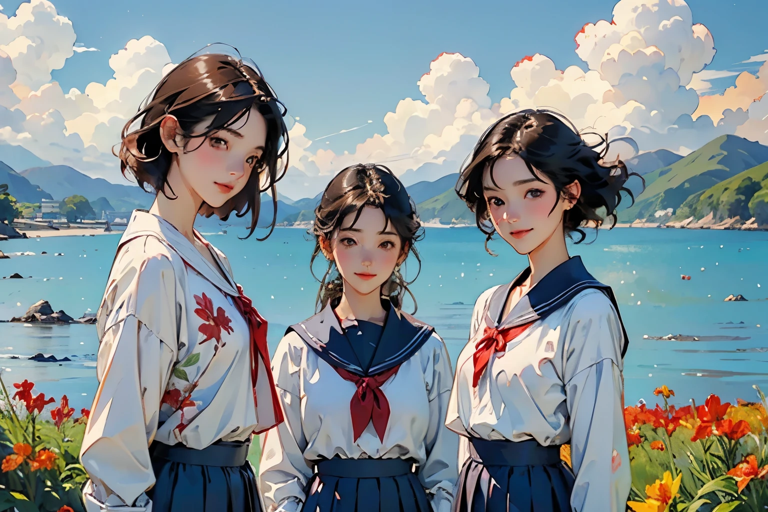 (Perfect Face,Illustration of three women in different clothes)、(Three Girls、For 3 people、natural standing posture)、(Girls in line)、( Half-body illustration)、(Detailed facial depiction、A kind smile)、Short dark brown hair、White Sailor Suit、Navy blue sailor collar、mini skirt、Pleated skirt、shoes、loafers、(Vintage、Classic)、(No logo)、(Watercolor of singer Sargent)、Impressionist style painting、(Red canna flowers blooming)、Beautiful blue sky and white cumulonimbus clouds、Beautiful sea、(Front view:1.4)、(masterpiece, Highest quality:1.2),