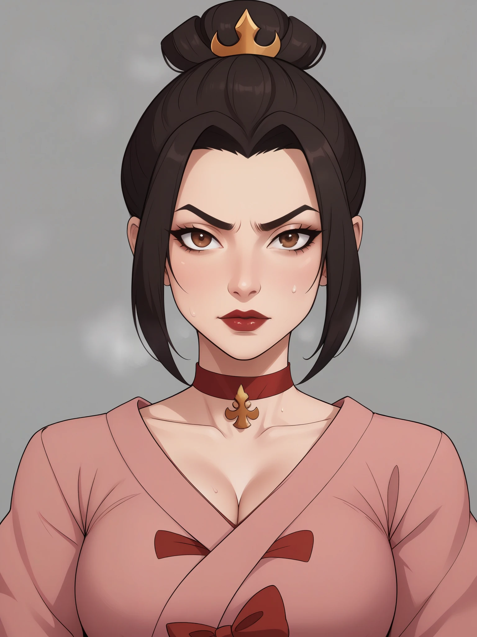 Azula. dark brown hair. cold brown eyes. choker. clothes after the nuclear apocalypse. bow