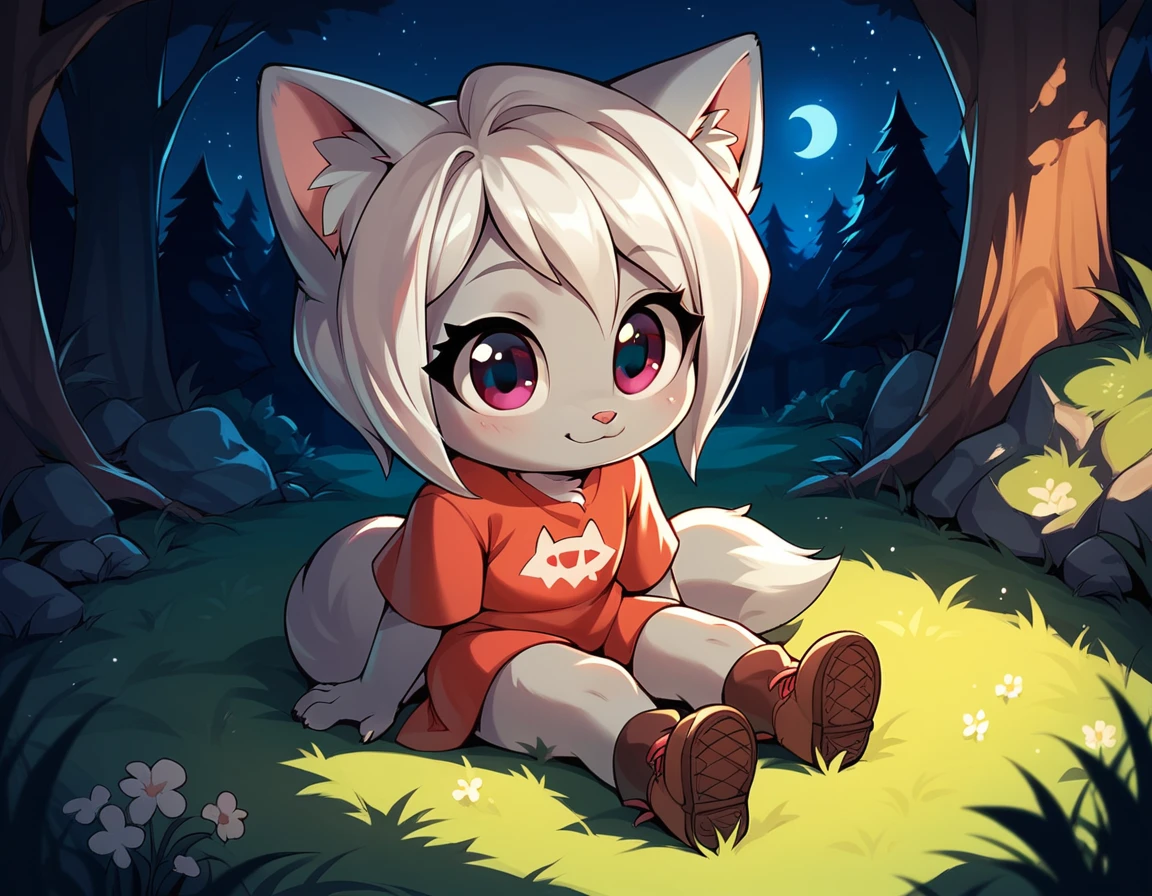 score_9, score_8_up, score_7_up, 1girl, little fox, kid girl fox, cub, silver fur, white hair, sitting on grass, night, forest, cute