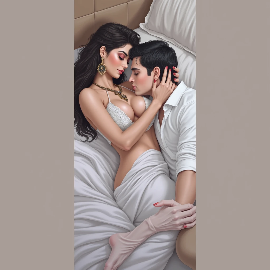 three hijab lesbian girl,lace bra,laying down on bed,sex,wet,lookin to camera.