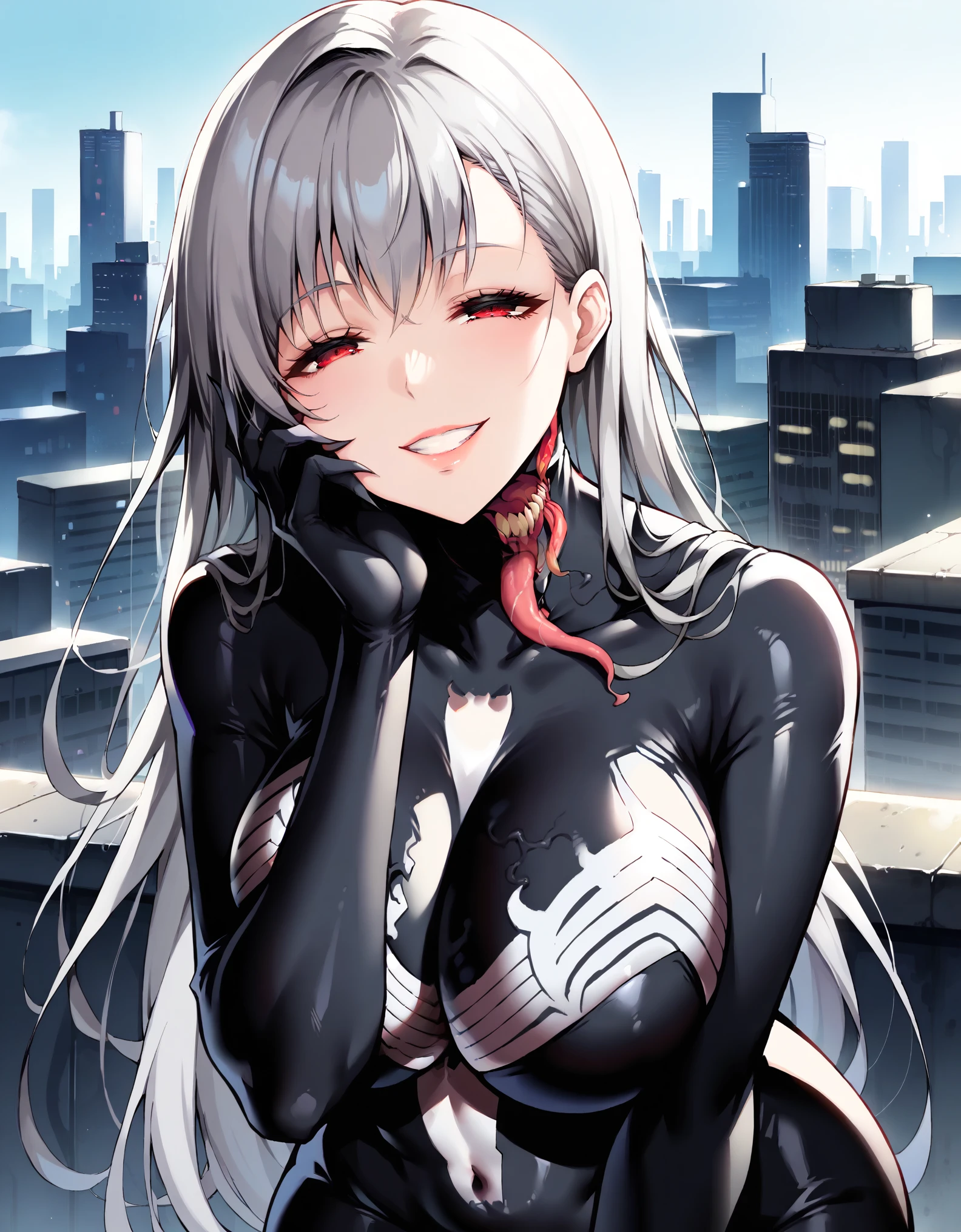 masterpiece, score_9, score_8_up, score_7_up, source_anime, extremely detailed, high quality, 1girl, milf, solo, moderniarnd, (huge breasts:1.1), ((((grey hair), very long hair, bangs, red eyes, half-closed eyes))), parted lips, (((she venom, black detailed bodysuit, full black suit))), ((yandere, naughty smile), grin, teeth), ((hand on own face, rooftop, futuristic cityscape))