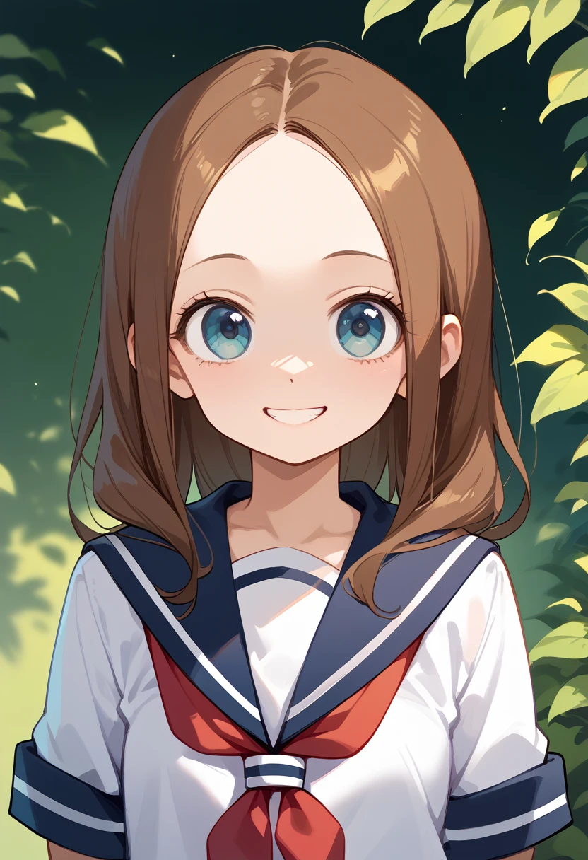 masterpiece,High resolution,Highest quality,8k
(Ms. Takagi who is good at teasing)
(Twelve year old woman,Brown hair, semi-long,Center Part,Straight hair,Wide forehead,Big eyes,Small breasts,Are thin)(uniform,Sailor suit)
Mischievous Smile