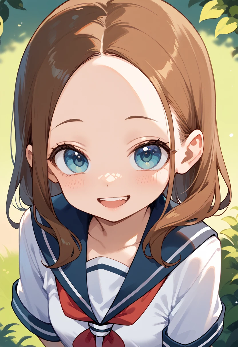 masterpiece,High resolution,Highest quality,8k
(Ms. Takagi who is good at teasing)
(Twelve year old woman,Brown hair, semi-long,Center Part,Straight hair,Wide forehead,Big eyes,Small breasts,Are thin)(uniform,Sailor suit)
Mischievous Smile