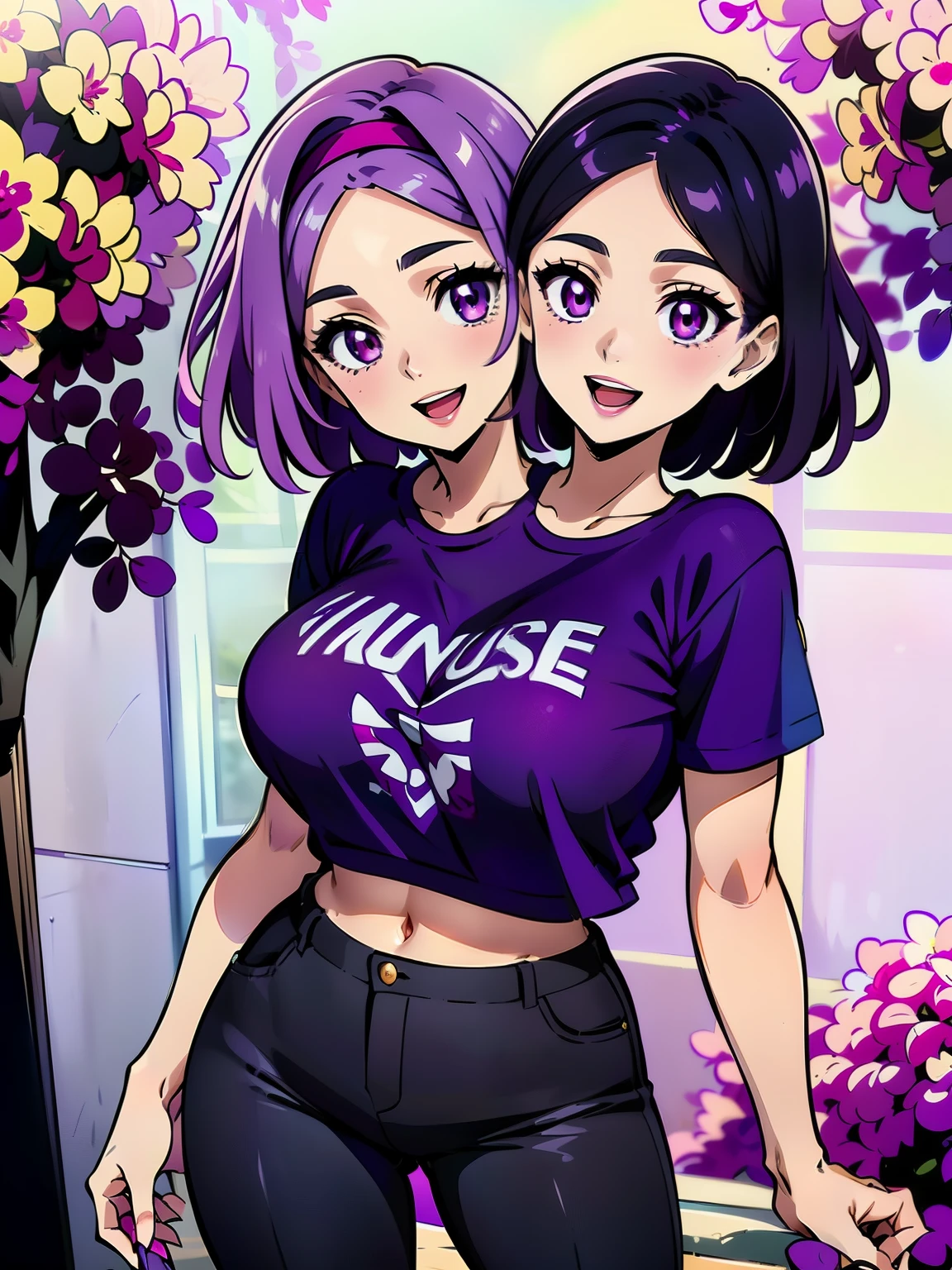 ((best quality), (high quality), (detailed), (masterpiece), good artist, (2heads:1.5), 1girl, violet hair, magenta eyes, headbands, casual wear, gentle smile, open mouth (purple t-shirt), black pants, A girl with beautiful detailed eyes, (detailed hairstyles), strong and confident expressions, exposed midriff 