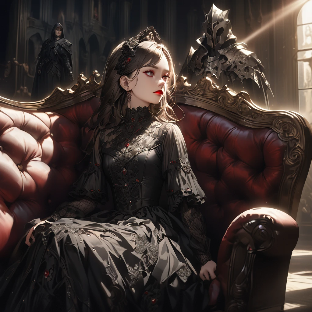 a beautiful gothic lolita girl, sitting alone on a black sofa, wearing a detailed black dress with white lace, surreal, high resolution, extremely detailed, most detailed, red lips,break, and gothic knight,standing girl side,break,baroque, intricate, cinematic lighting, dramatic composition, rich textures, vivid colors, photorealistic, "goth girls" style