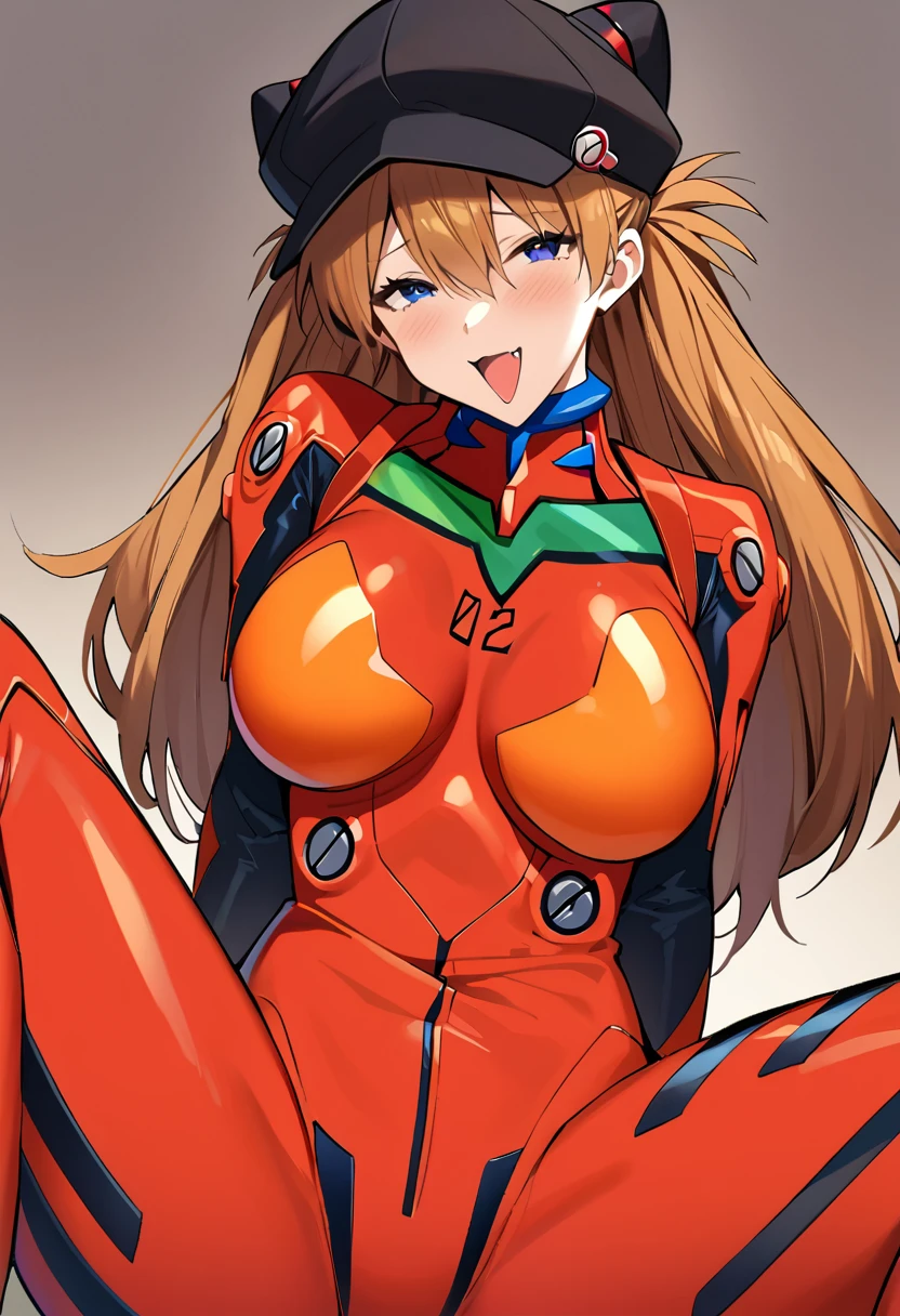 (masterpiece, Highest quality:1.2), One Girl, alone, Soryu Asuka Langley, Neon Genesis EVANGELION, Evangelion New Theatrical Version, Cat hat, Plug Suit, Pilot Suit, Red bodysuit,Very large breasts、Ahegao、excited、sit、Spread your legs
