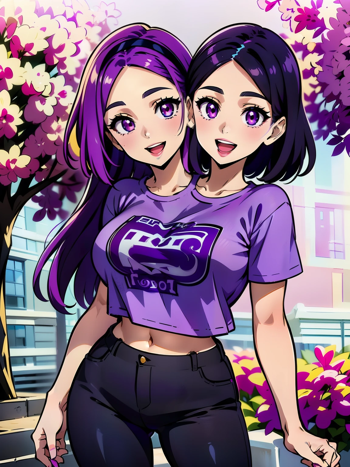 ((best quality), (high quality), (detailed), (masterpiece), good artist, (2heads:1.5), 1girl, violet hair, magenta eyes, headbands on each head, casual wear, gentle smile, open mouth (purple t-shirt), black pants, A girl with beautiful detailed eyes, (detailed hairstyles), strong and confident expressions, exposed midriff 