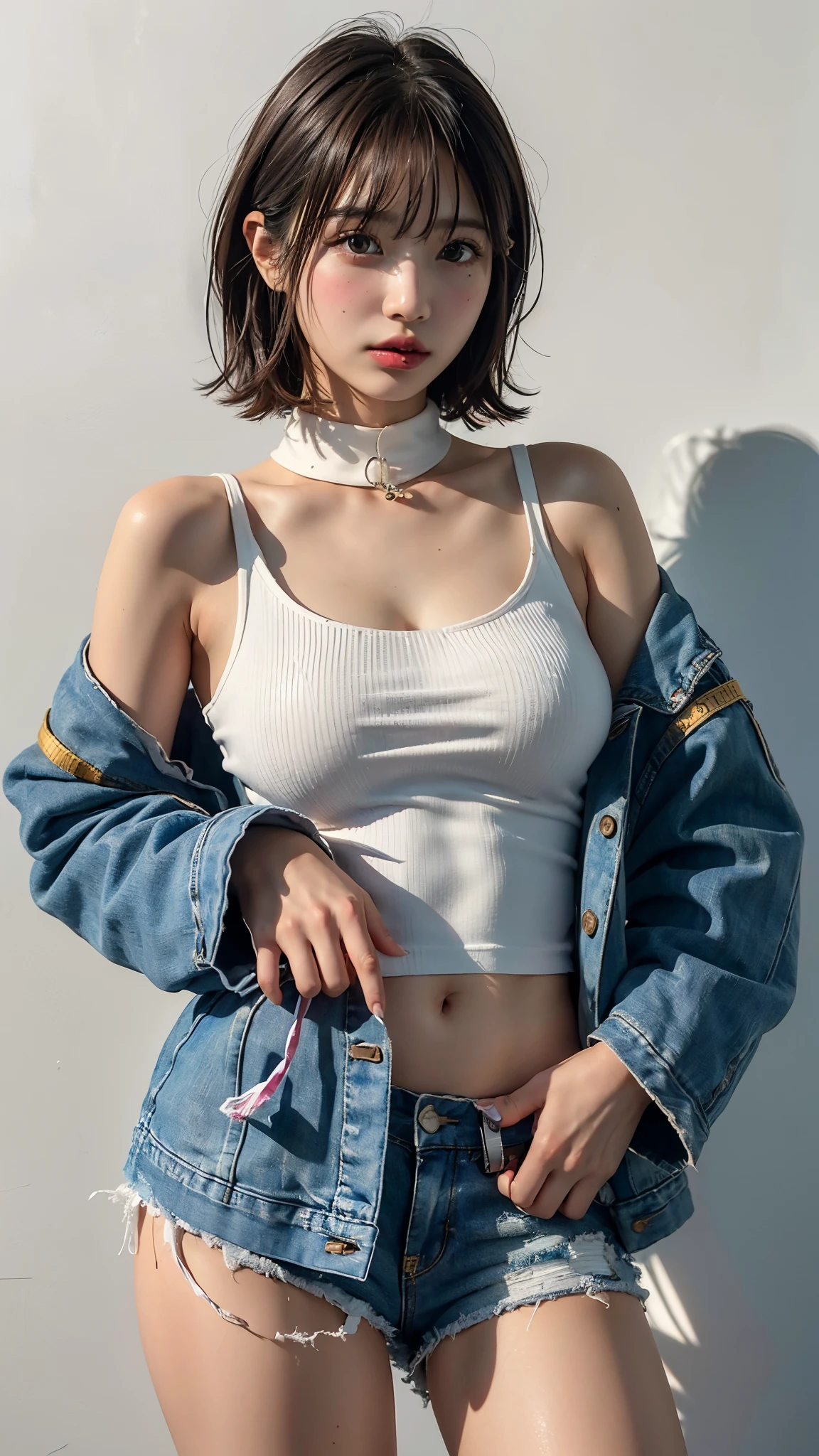((G cup breast, tomboy girl,)),  (chiseled abs : 1.1), (perfect body : 1.1), ((short white hair )) , auburn hair, collar, chain, full body shot, crowded street, wearing tanktop, jeans jacket, (torn clothes:1.3)((shorts)), (extremely detailed CG 8k wallpaper), (an extremely delicate and beautiful), (masterpiece), (best quality:1.0), (ultra highres:1.0),  beautiful lighting ,perfect lightning, realistic shadows, [highres], detailed skin, ultra-detailed (((colorful))),high realistic,character play,( white short hair)