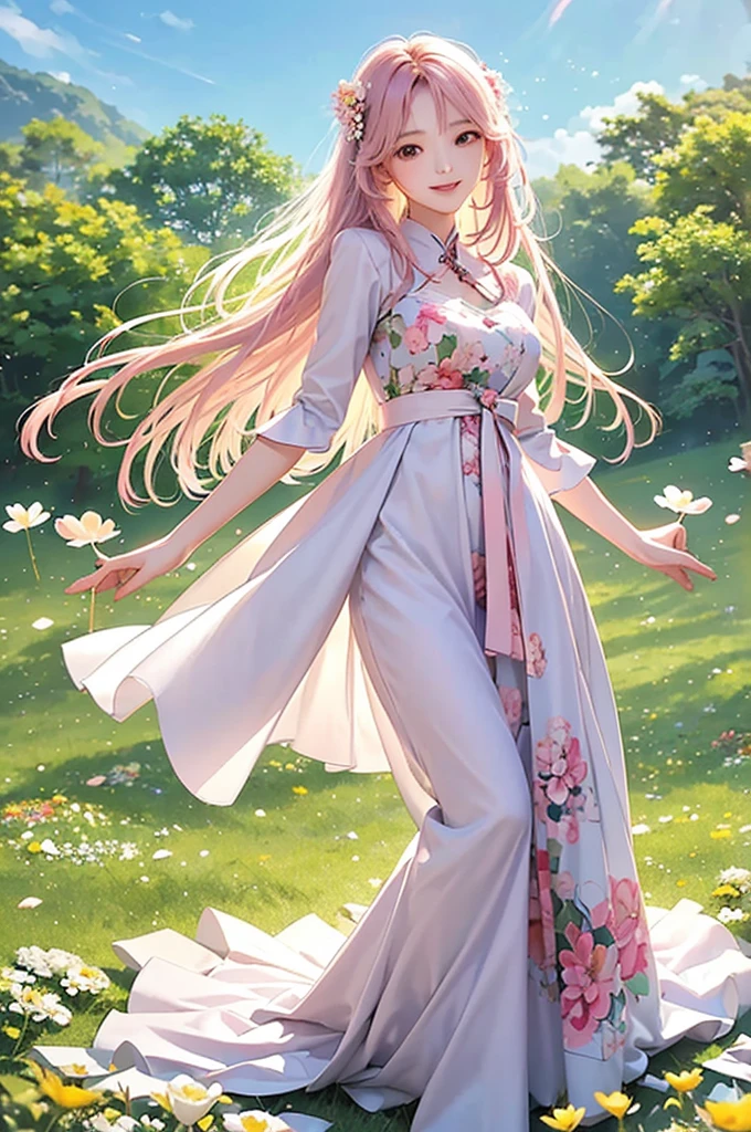 a korean-japanese woman: long pink hair, floral summer dress, Woman with long legs, high waist, gives an elegant and sleek impression, smiling expression enjoying the morning air in a fresh green meadow blown by the wind, the woman stretched out her arms with slender arms and delicate hands, balanced with her slender body, background of flying flowers. dramatic lighting, high contrast.