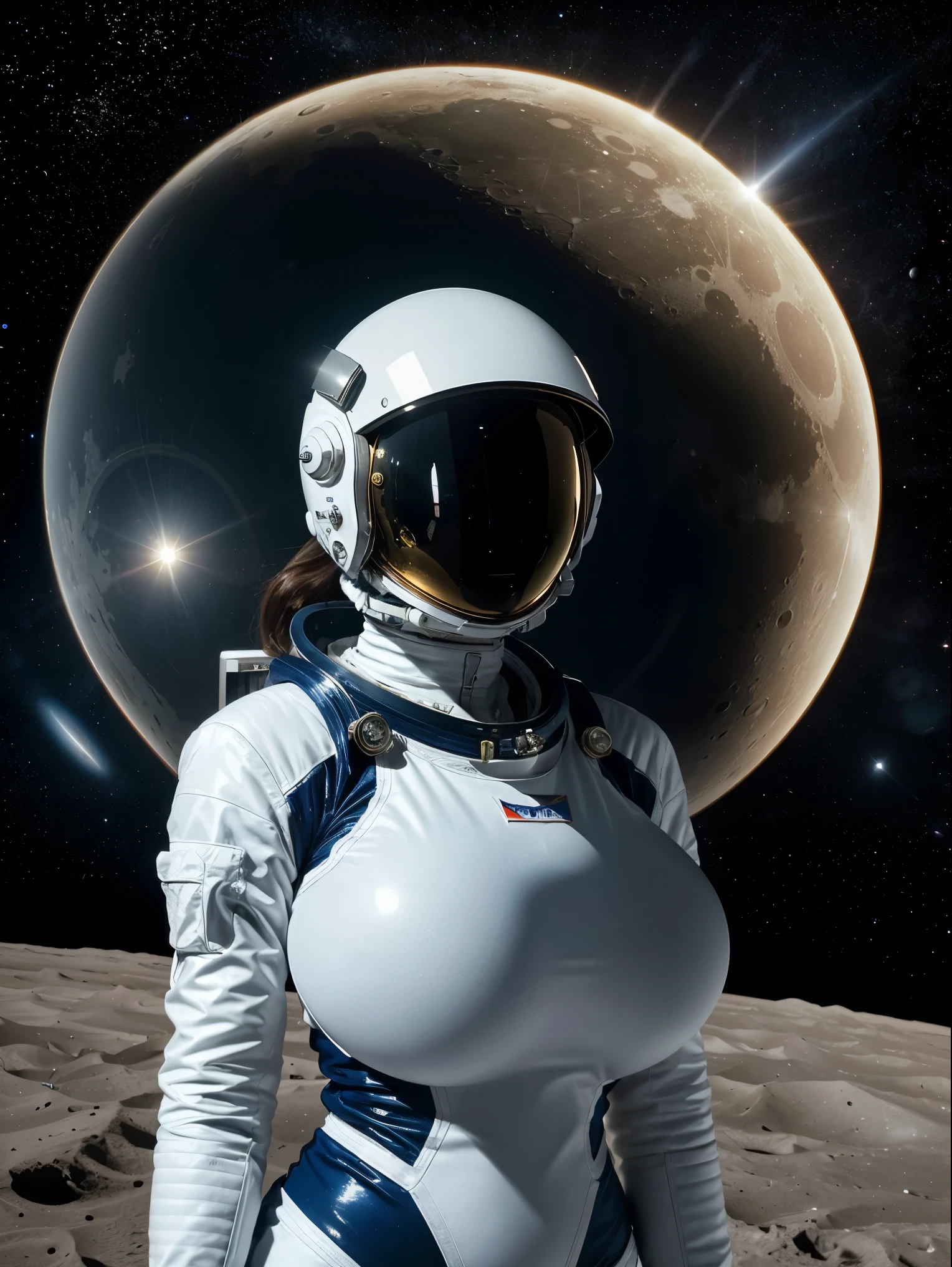 Gorgeous and sultry busty athletic (thin) astronaut with sharp facial features wearing a white space suit, opaque space helmet, gold visor, spacesuit, bodysuit, ray gun, jetpack, spaceship, 1960's, space, lunar surface, moon, earth rise, Earthrise, space, stars, American flag, huge boobs