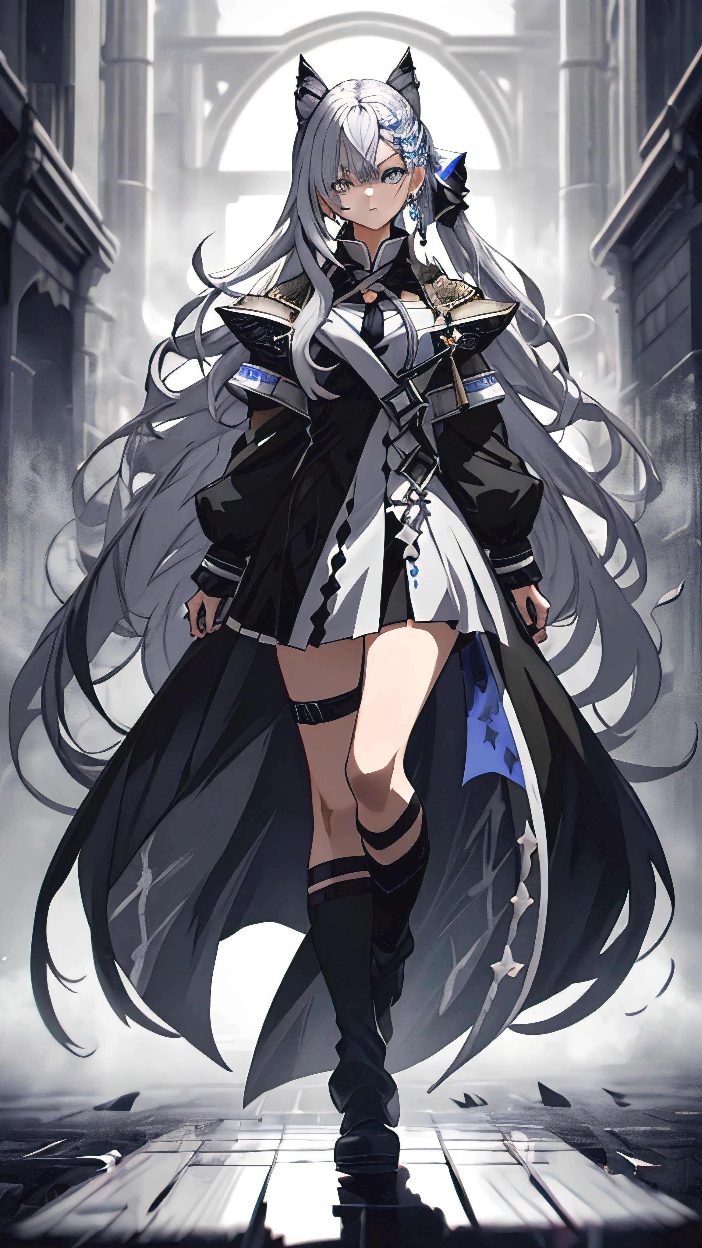 Full body、White one-piece military uniform、 Jet black head of hair,(masutepiece:1.2, Best Quality), (finely detailed beautiful eye: 1.2), (Detailed background,Dark Fantasy), (beautifull detailed face), High contrast, (Best Illumination, extremely delicate and beautiful), ((Cinematic Light)), Colorful, Hyper Detail, Dramatic light, Intricate details, Long hair fluttering in the wind,, Her eyes are a bright blue, Black tie, , gotik、Long hair with blue inner、
