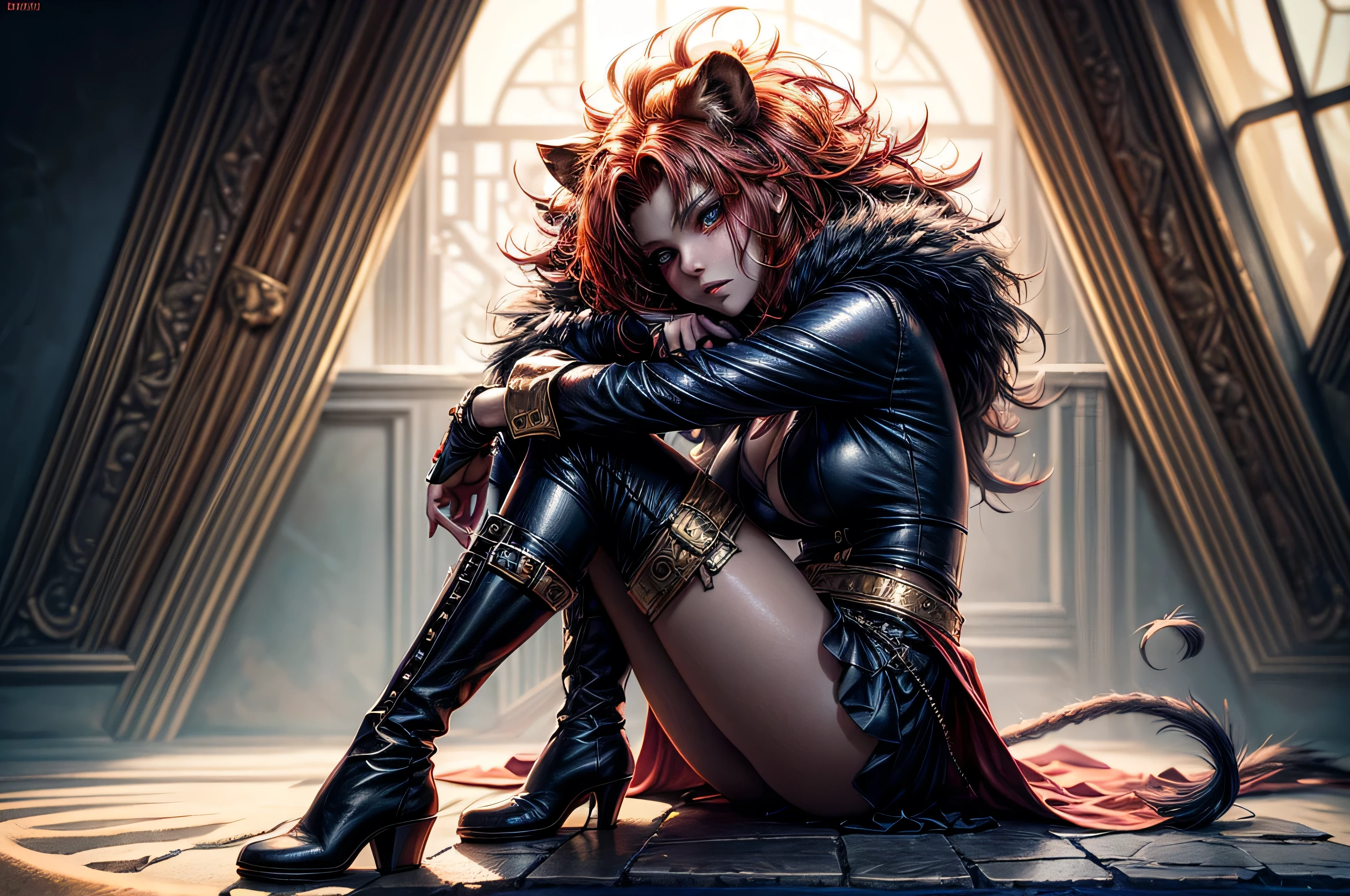 In the tavern of fantasy city sitting beatiful lion female , her seductive body have a colour of sand, beatiful face features , golden eyes, seductive make up , orange hair with pink highlights, she dressed in leather topic with a long golden skirt with cut on the right side . hight leather boots and colden brasletes on her hands, (ultra high quality fantasy art, dark fantasy style, masterpiece, ultra high quality character design, 8k quality anime art, realistic anime art, top quality wallpaper illustration, detailed ultra high quality accurate face, high quality design and accurate physic)