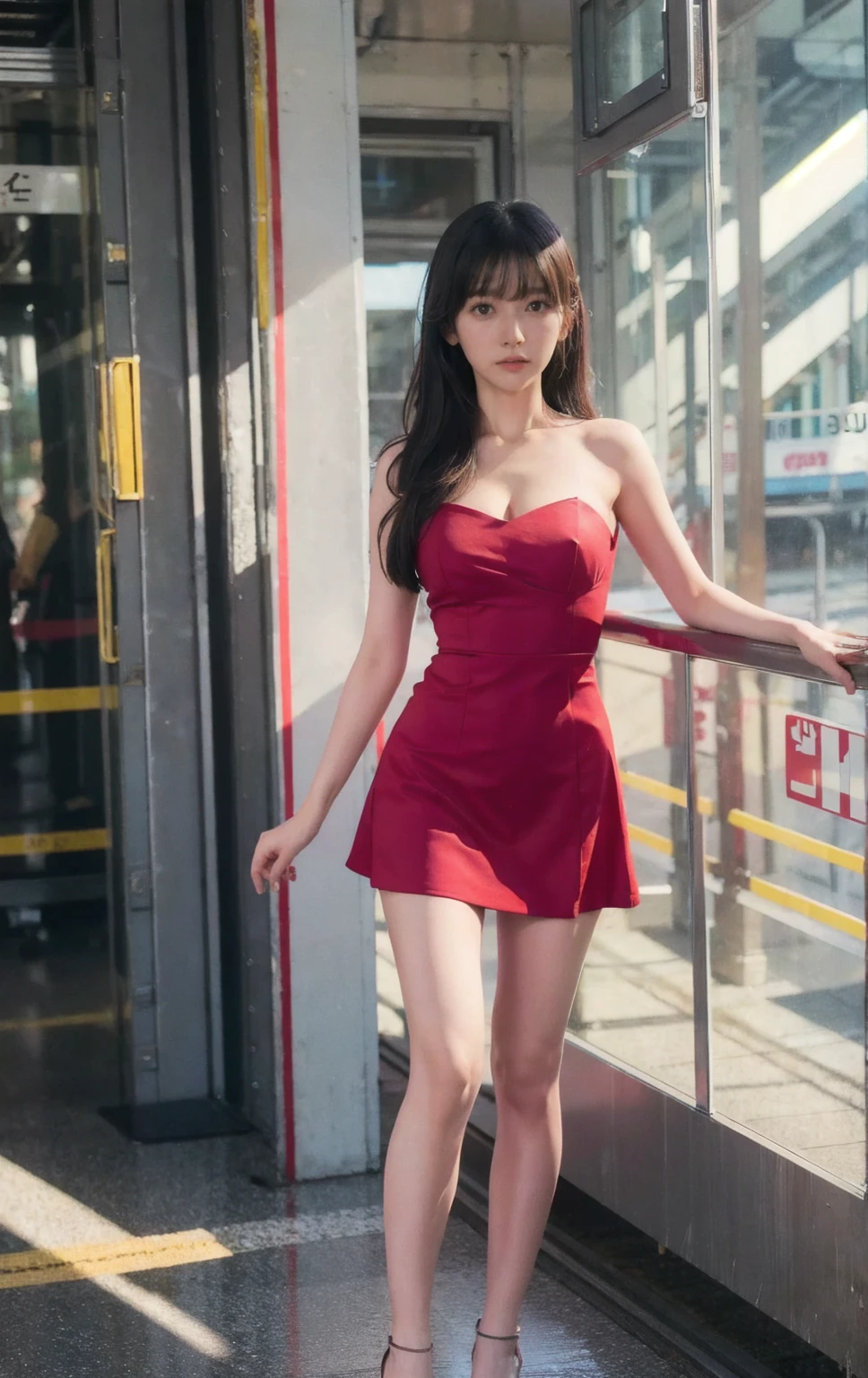 realistic photos of (1 cute Korean star) flipped hair, thin makeup, (big breasts), wearing mini red dress, at the train station, clear facial features of Canon EOS, 16k, high resolution, sharp and realistic details,  overexposure, cut-in, UHD, high res, best quality, full body:1.4, skinny thigh, pale skin:1.2