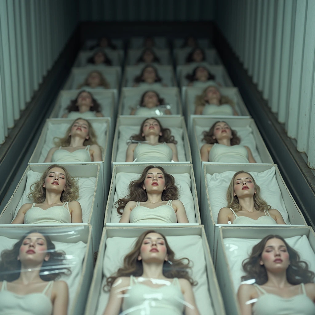 Sexually-stimulating clones packed in huge duralumin cases, Luxury, Expensive, Head to thighs composition, Shot from above, Wearing default lingerie, Pads that fit the android's body perfectly, Expressionless, Realistic skin texture, Detailed face and eyelids, Long eyelashes, Closed eyes, Detailed lips, Detailed décolleté , Beautifully detailed large breasts, Beautifully detailed hips, Beautifully detailed navel, Beautifully detailed thighs, Human form, Ultimate beauty beyond human, huge duralumin cases lying on marble floor, (best quality,4k,8k,highres,masterpiece:1.2),ultra-detailed,(realistic,photorealistic,photo-realistic:1.37),concept art,3d render,highly detailed,cinematic lighting,hyper detailed,intricate details,extremely detailed