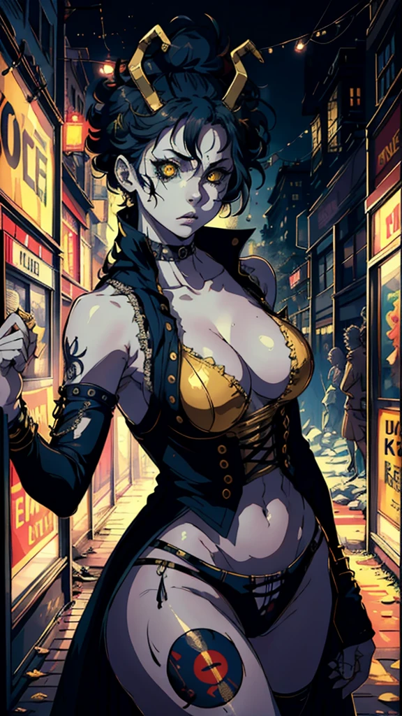 <lora:Char - Lulu:0.85> lulu, belts, mature woman, hair over one eye, black hair, large breasts, standing, seductive smile, detailed background, necklace, exposed shoulders, fur trim, fur-trimmed dress, cleavage, braid, hair stick, hair ornament, leather, long hair, makeup, multiple braids, multiple necklaces, red eyes, thigh strap, single fishnet legwear, pearl necklace, long sleeves, belt, belt skirt, curvy, black belt, multiple belts:1.2, purple lips, purple eyeshadow,
hand on hip, 30+, upset, side slit, cowboy shot, face and eye focus,
city, dark, night, alley,  <lora:Style - c64Graphics:0.45>