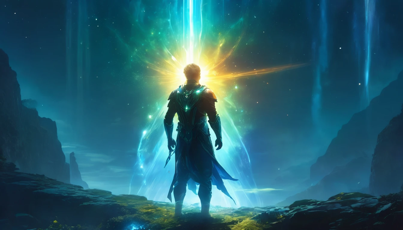 far distant man in a bright glowing aura of light, ascension, UHD, by Aleksi Briclot and Alessio Albi and Alexandre Cabanel, unzoom