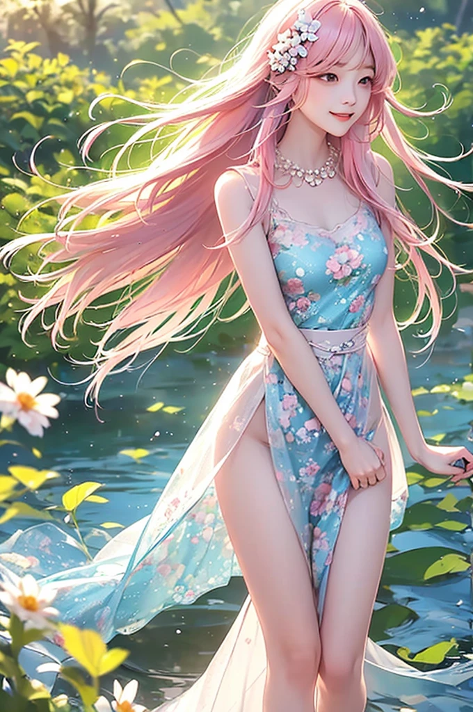 a korean-japanese woman: long pink hair, floral summer dress, Woman with long legs, high waist, gives an elegant and sleek impression, smiling expression enjoying the morning air in a fresh green meadow blown by the wind, the woman stretched out her arms with slender arms and delicate hands, balanced with her slender body, background of flying flowers. dramatic lighting, high contrast.