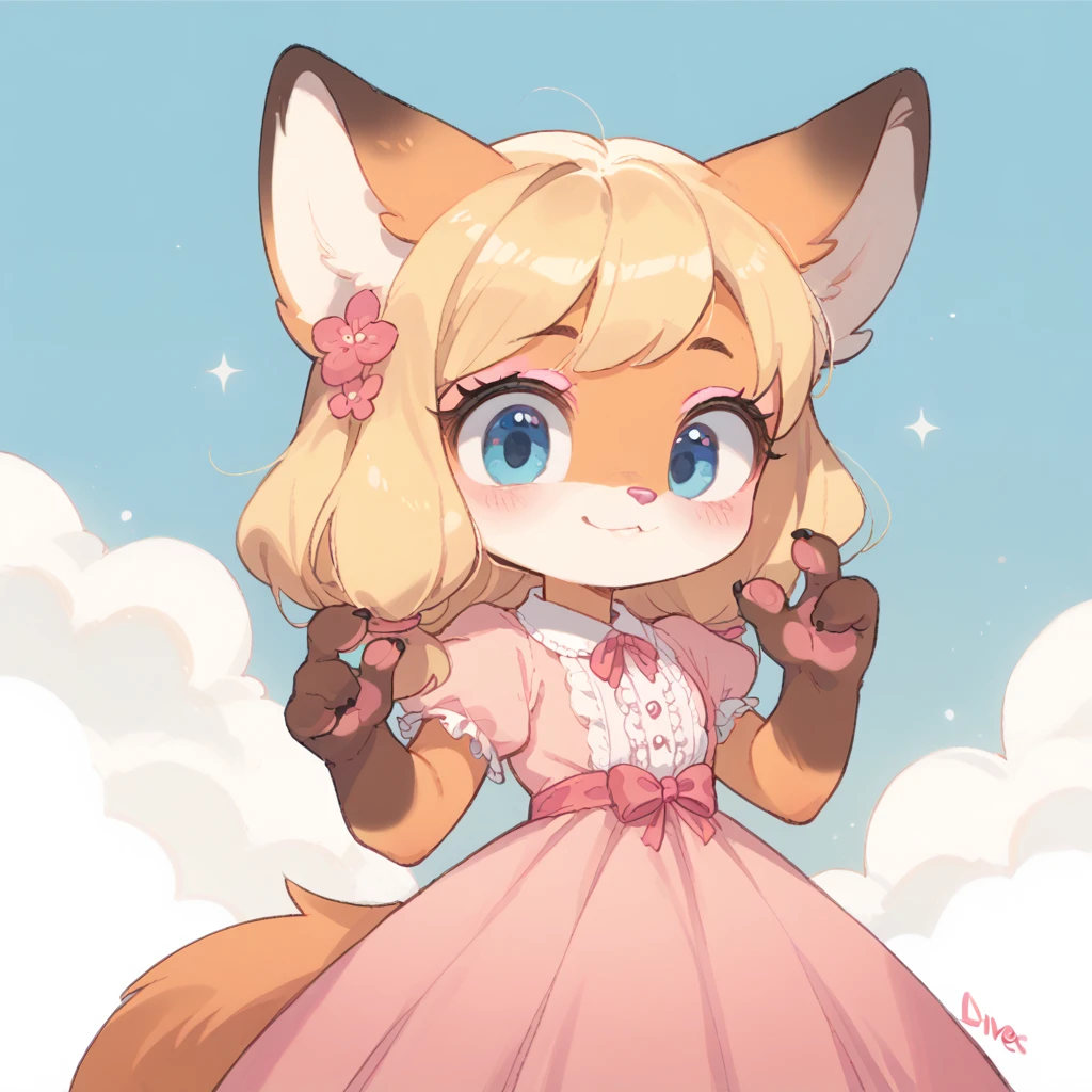 score_9, score_8_up, score_7_up, 1girl, little fox, kid girl fox, black eyebrows, hair, blonde hair, fox tail, 4 fingers, pink, pink makeup, blue eyes, ginger fur, dusty-pink nose, pink dress, princess dress, cute kid, cub, alone, by diives