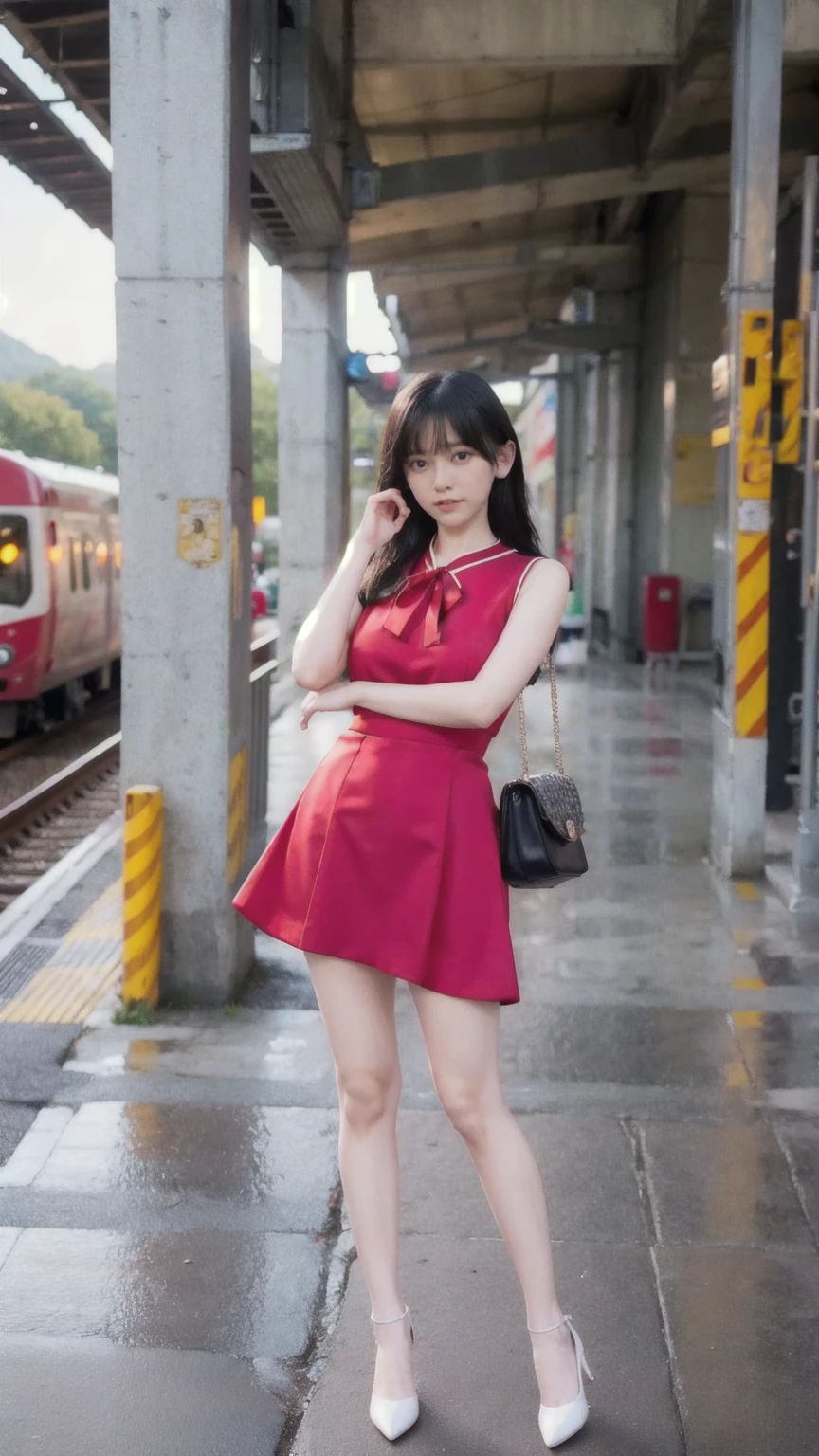 realistic photos of (1 cute Korean star) flipped hair, thin makeup, (big breasts), wearing mini red dress, at the train station, clear facial features of Canon EOS, 16k, high resolution, sharp and realistic details,  overexposure, cut-in, UHD, high res, best quality, full body:1.4, skinny thigh, pale skin:1.2