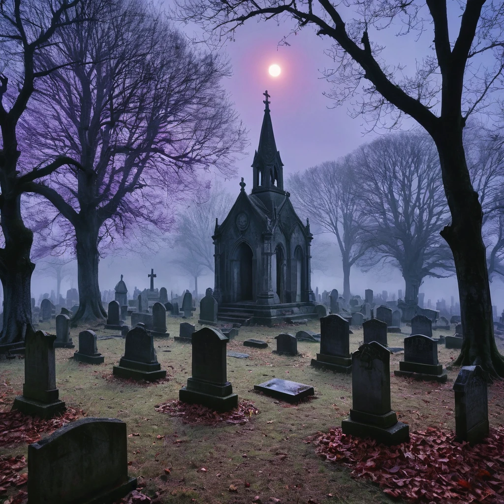 moody and mysterious image of a Gothic cemetery at dusk. Old, weathered gravestones stand among twisting trees, their branches reaching into the misty air. The sky is a deep purple with hints of red as the sun sets, casting eerie shadows. A lone figure in a dark cloak walks through the cemetery, passing by ancient crypts with intricate carvings. The atmosphere is somber, yet hauntingly beautiful