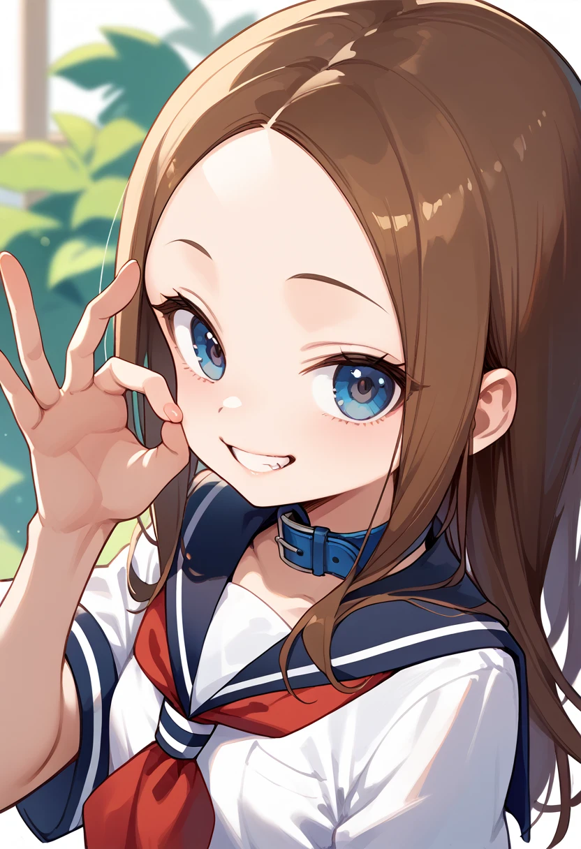 masterpiece,High resolution,Highest quality,8k
(Ms. Takagi who is good at teasing)
(Twelve year old woman,Brown hair, semi-long,Center Part,Straight hair,Wide forehead,Big eyes,Small breasts,Are thin)(White Sailor Suit,Blue collar,Red tie)
Grin,Squint your eyes,handjob gesture